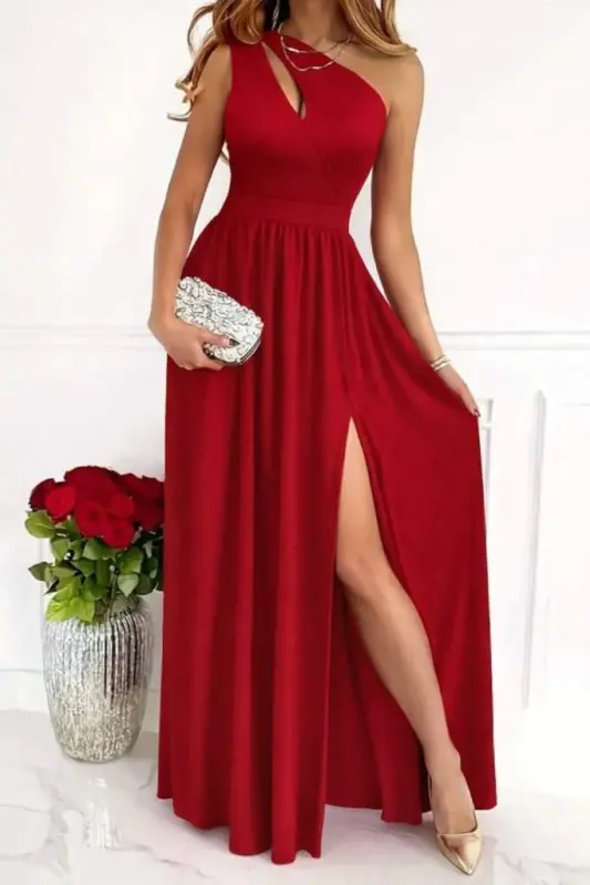 Kadın Omuzlardan Açık Asimetrik Yaka Detaylı Yırtmaçlı Maksi Boy Janjan Krep Elbise - 3