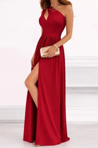 Kadın Omuzlardan Açık Asimetrik Yaka Detaylı Yırtmaçlı Maksi Boy Janjan Krep Elbise - 4