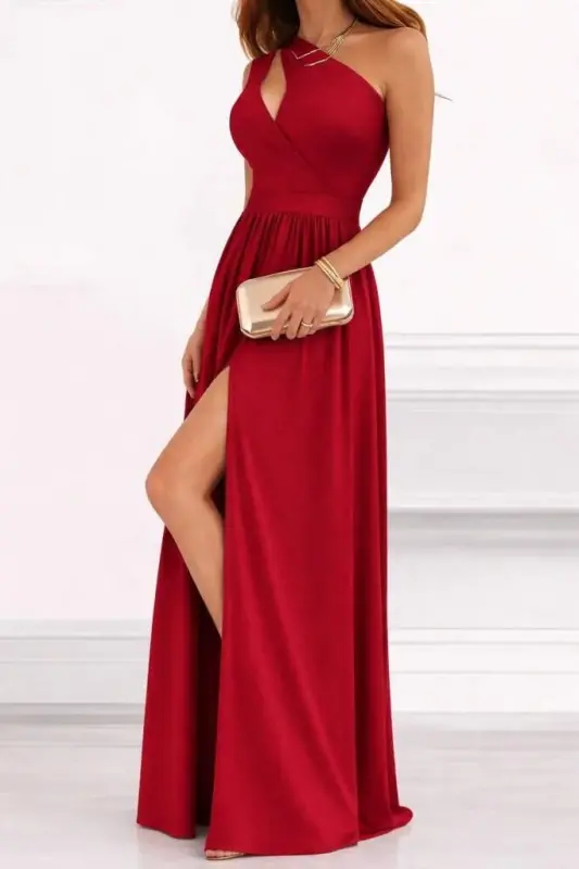 Kadın Omuzlardan Açık Asimetrik Yaka Detaylı Yırtmaçlı Maksi Boy Janjan Krep Elbise - 4