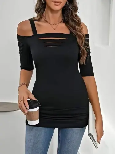 Kadın Omuzlardan Açık Askılı Lazer Kesim Detaylı Viskon Bluz - 3