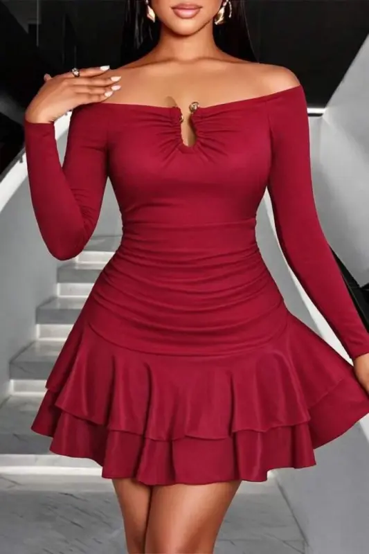 Kadın Omuzlardan Açık Belden Saran Büzgülü Etek Ucu Volanlı Dalgıç Mini Elbise - 2