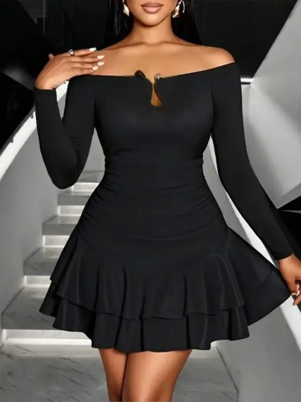 Kadın Omuzlardan Açık Belden Saran Büzgülü Etek Ucu Volanlı Dalgıç Mini Elbise - 2