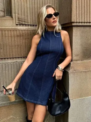 Kadın Omuzlardan Açık Bisiklet Yaka Kısa Kot Elbise - 1