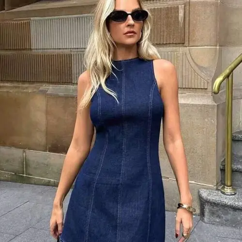 Kadın Omuzlardan Açık Bisiklet Yaka Kısa Kot Elbise - 4