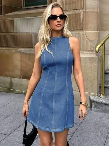 Kadın Omuzlardan Açık Bisiklet Yaka Kısa Kot Elbise - BÜYÜKBEDENIZ (1)