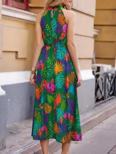 Kadın Omuzlardan Açık Daire Yaka Desenli Maxi Süprem Elbise - 3