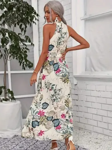 Kadın Omuzlardan Açık Halter Yakalı Yırtmaçlı çiçek Desenli Süprem Elbise - 3