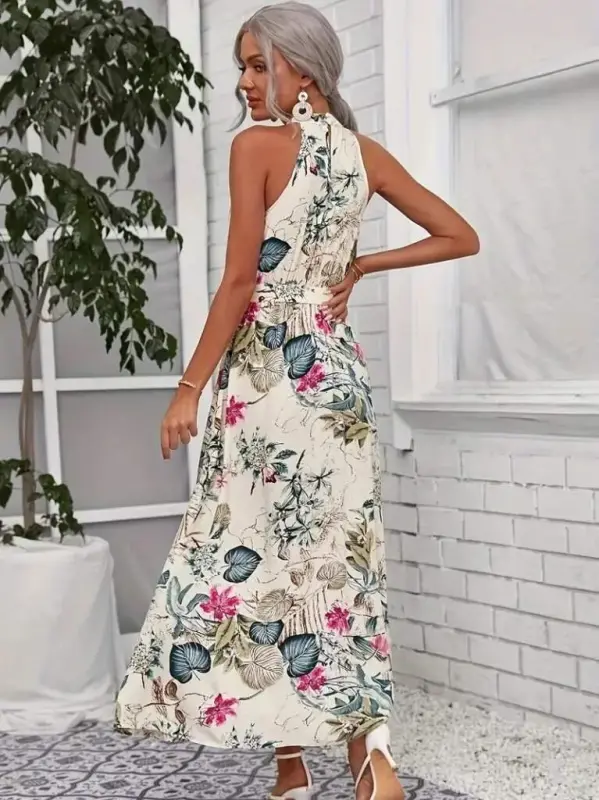 Kadın Omuzlardan Açık Halter Yakalı Yırtmaçlı çiçek Desenli Süprem Elbise - 3