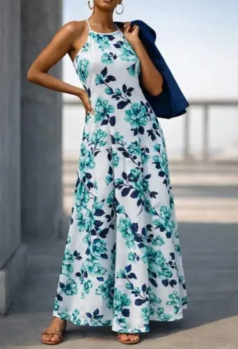 Kadın Omuzlardan Açık Ip Askılı Desenli Uzun Süprem Elbise - 2