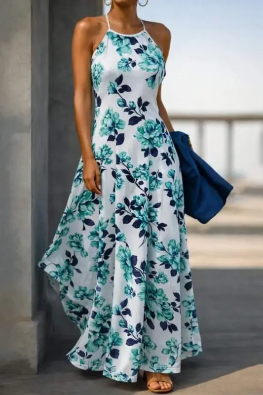 Kadın Omuzlardan Açık Ip Askılı Desenli Uzun Süprem Elbise - BÜYÜKBEDENIZ