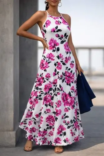 Kadın Omuzlardan Açık Ip Askılı Desenli Uzun Süprem Elbise - BÜYÜKBEDENIZ (1)