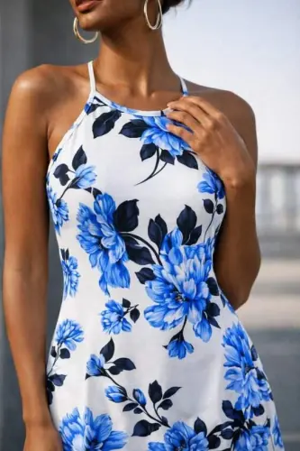 Kadın Omuzlardan Açık Ip Askılı Desenli Uzun Süprem Elbise - BÜYÜKBEDENIZ (1)