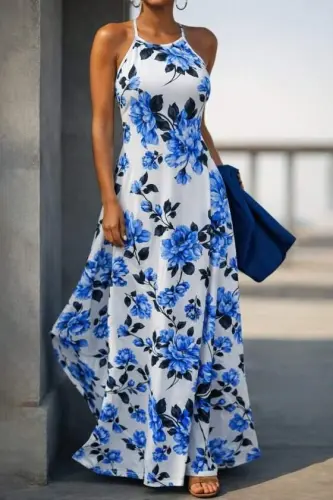 Kadın Omuzlardan Açık Ip Askılı Desenli Uzun Süprem Elbise - 3