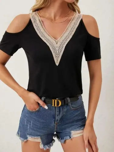 Kadın Omuzlardan Açık V Yakalı Viskon Bluz - BÜYÜKBEDENIZ (1)