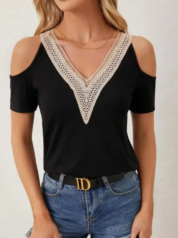 Kadın Omuzlardan Açık V Yakalı Viskon Bluz - 3