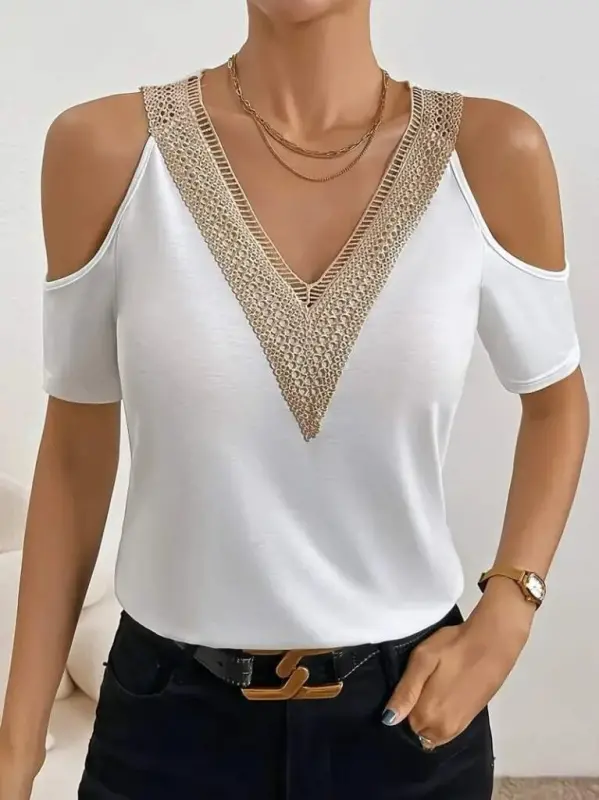 Kadın Omuzlardan Açık V Yakalı Viskon Bluz - BÜYÜKBEDENIZ