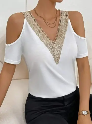 Kadın Omuzlardan Açık V Yakalı Viskon Bluz - 3