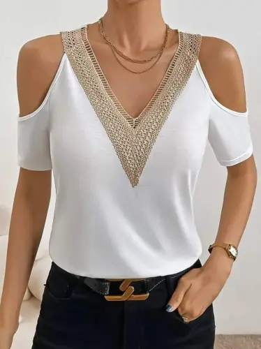 Kadın Omuzlardan Açık V Yakalı Viskon Bluz - 4