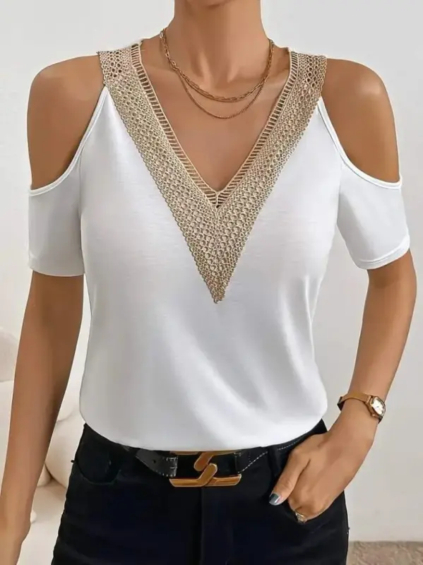 Kadın Omuzlardan Açık V Yakalı Viskon Bluz - 4