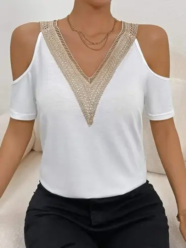 Kadın Omuzlardan Açık V Yakalı Viskon Bluz - 6