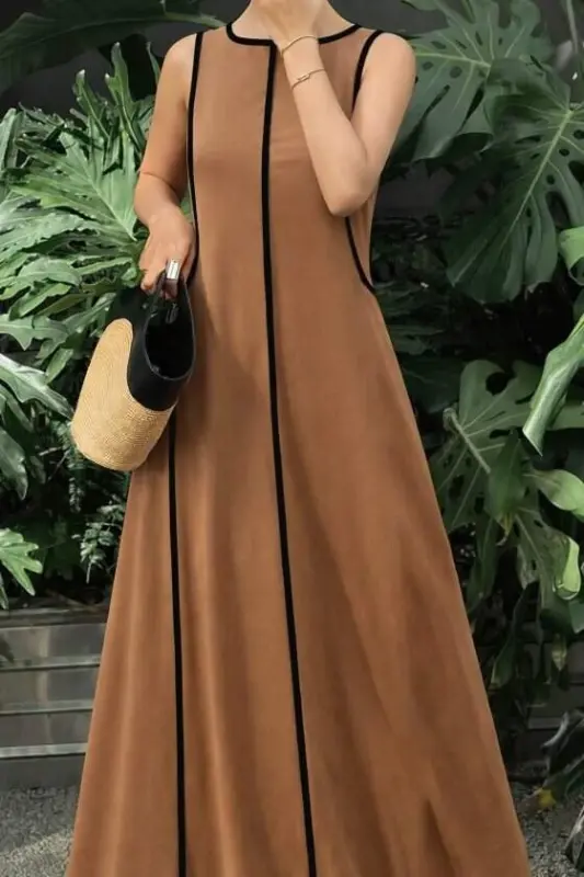 Kadın Omuzlardan Açık Yaka Ince şerit Detaylı Uzun Viskon Elbise - 2