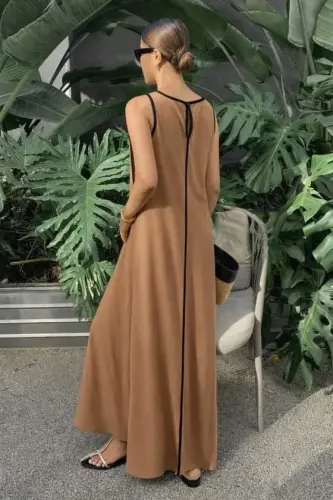 Kadın Omuzlardan Açık Yaka Ince şerit Detaylı Uzun Viskon Elbise - 4