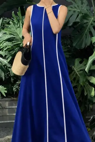 Kadın Omuzlardan Açık Yaka Ince şerit Detaylı Uzun Viskon Elbise - BÜYÜKBEDENIZ (1)