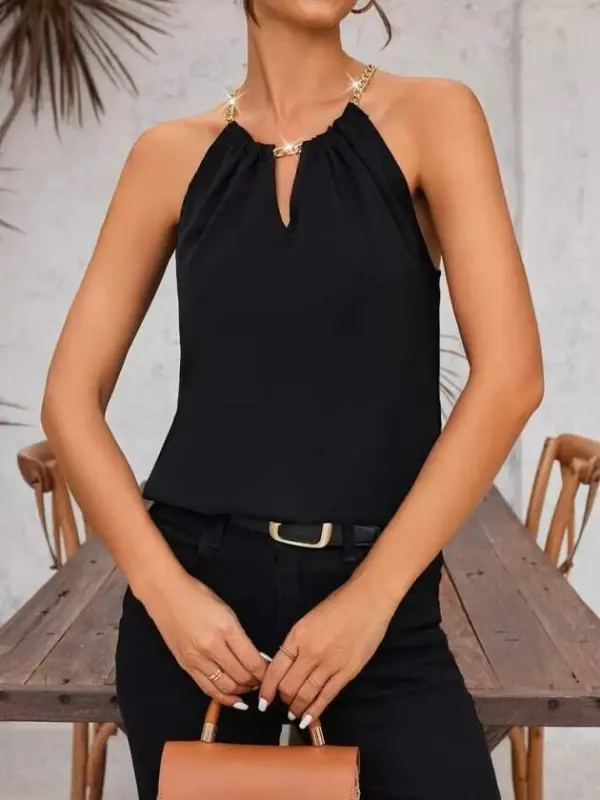 Kadın Omuzlardan Açık Zincir Halka Detaylı Sandy Bluz - 1