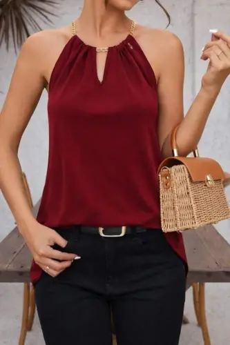 Kadın Omuzlardan Açık Zincir Halka Detaylı Sandy Bluz - BÜYÜKBEDENIZ (1)