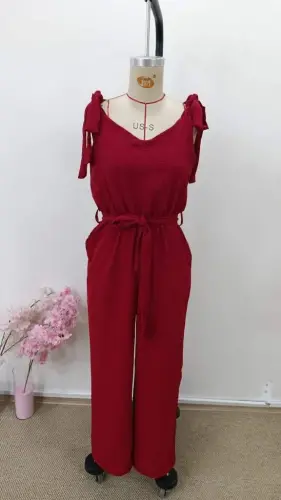 Kadın Omuzlardan Bağlamalı V Yakalı Beli Kuşaklı Aerobin Tulum - 4