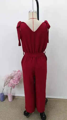 Kadın Omuzlardan Bağlamalı V Yakalı Beli Kuşaklı Aerobin Tulum - 5