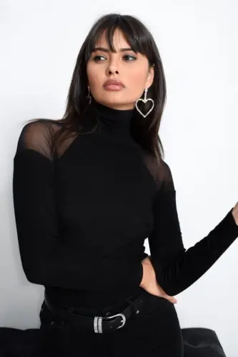 Kadın Omuzları Tül Balıkçı Yaka Viskon Kumaş Bluz - 4