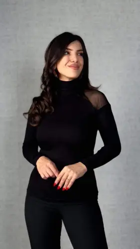 Kadın Omuzları Tül Balıkçı Yaka Viskon Kumaş Bluz - 6