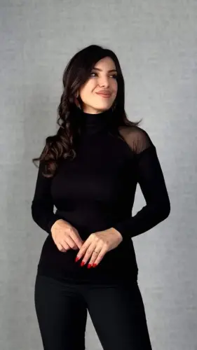 Kadın Omuzları Tül Balıkçı Yaka Viskon Kumaş Bluz - 9