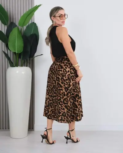 Kadın önden Bağlamalı Leopar Desenli Süprem Uzun Etek - 3