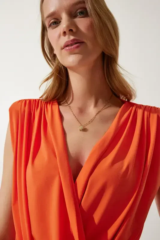 Kadın Oranj Anvelop Yaka Vatkalı Çıtçıtlı Örme Bluz ZH00014-Oranj - 2