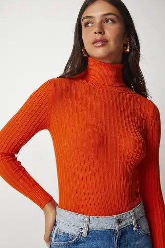 Kadın Oranj Balıkçı Yaka Fitilli Basic Kazak BV00095 - Oranj - HAPPINESS İSTANBUL (1)