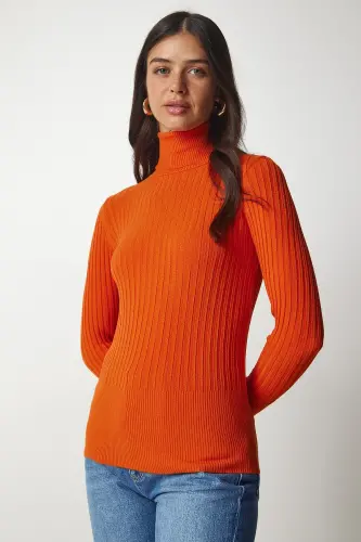 Kadın Oranj Balıkçı Yaka Fitilli Basic Kazak BV00095 - Oranj - 3