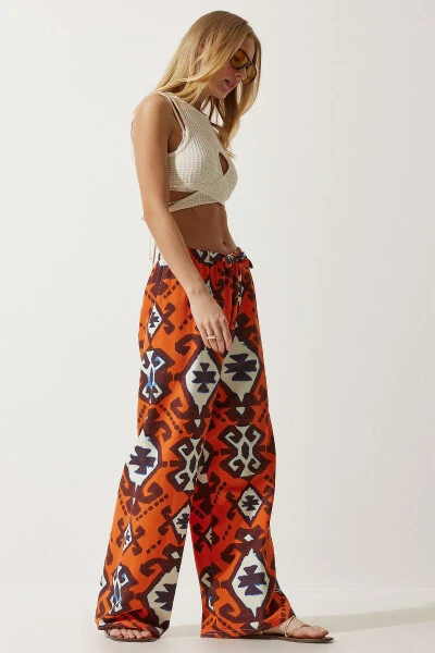 Kadın Oranj Desenli Ham Keten Palazzo Pantolon BH00397-Oranj - 3