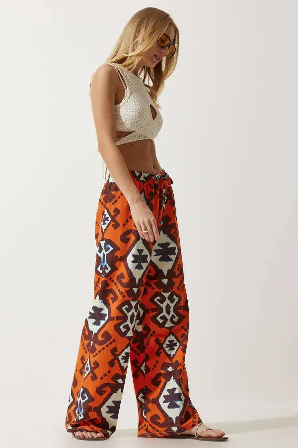 Kadın Oranj Desenli Ham Keten Palazzo Pantolon BH00397-Oranj - 3