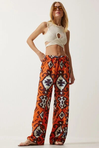 Kadın Oranj Desenli Ham Keten Palazzo Pantolon BH00397-Oranj - 5