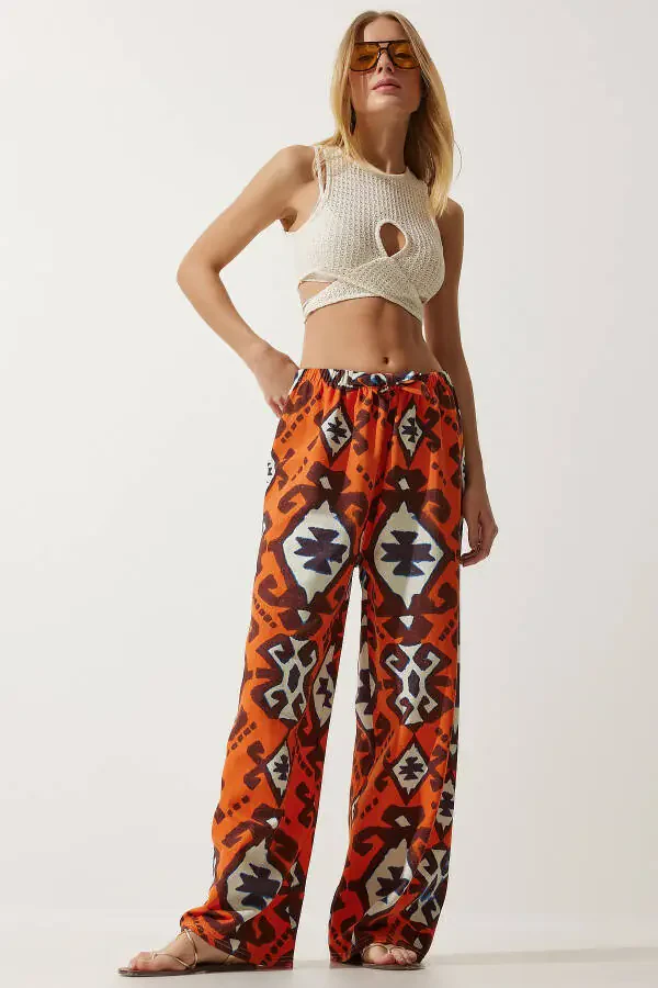 Kadın Oranj Desenli Ham Keten Palazzo Pantolon BH00397-Oranj - 5