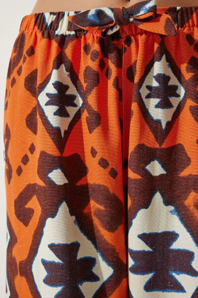 Kadın Oranj Desenli Ham Keten Palazzo Pantolon BH00397-Oranj - 7