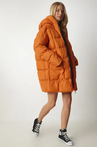 Kadın Oranj Kapüşonlu Oversize Şişme Kaban NT00429 - Oranj - 1