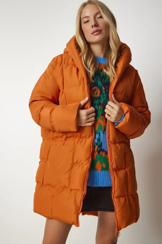 Kadın Oranj Kapüşonlu Oversize Şişme Kaban NT00429 - Oranj - 4