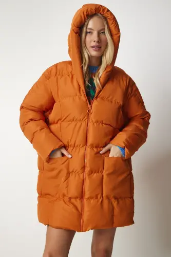 Kadın Oranj Kapüşonlu Oversize Şişme Kaban NT00429 - Oranj - 5
