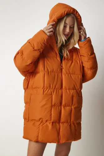 Kadın Oranj Kapüşonlu Oversize Şişme Kaban NT00429 - Oranj - 6