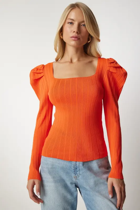 Kadın Oranj Kare Yaka Fitilli Triko Bluz YY00159 - Oranj - 4