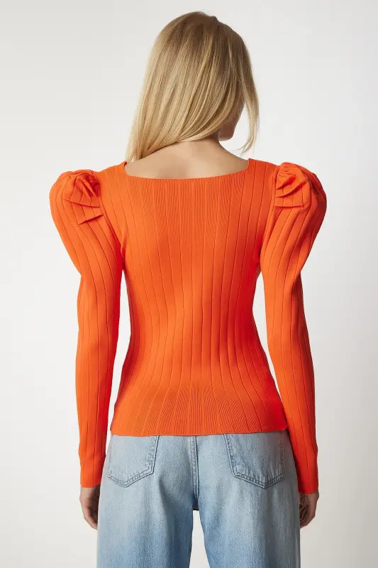 Kadın Oranj Kare Yaka Fitilli Triko Bluz YY00159 - Oranj - 6
