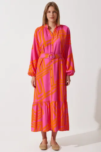Kadın Oranj Kemerli Oversize Yazlık Viskon Elbise ZH00034 - Oranj - 4